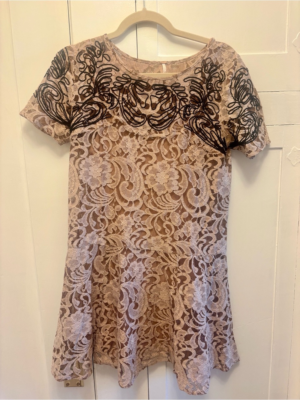 Free People Lace Overlay Short Sleeve Dress in Blush with Black Embroidery